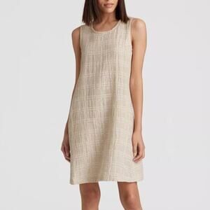 Eileen Fisher Beige Linen Cotton Sleeveless Midi Dress Textured Grid Minimal